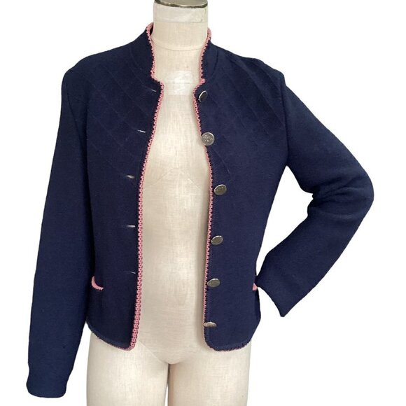 VTG Bayern-Walk Pure Wool Lady Jacket/Cardigan Navy Blue & Pink M #260C - Picture 3 of 12